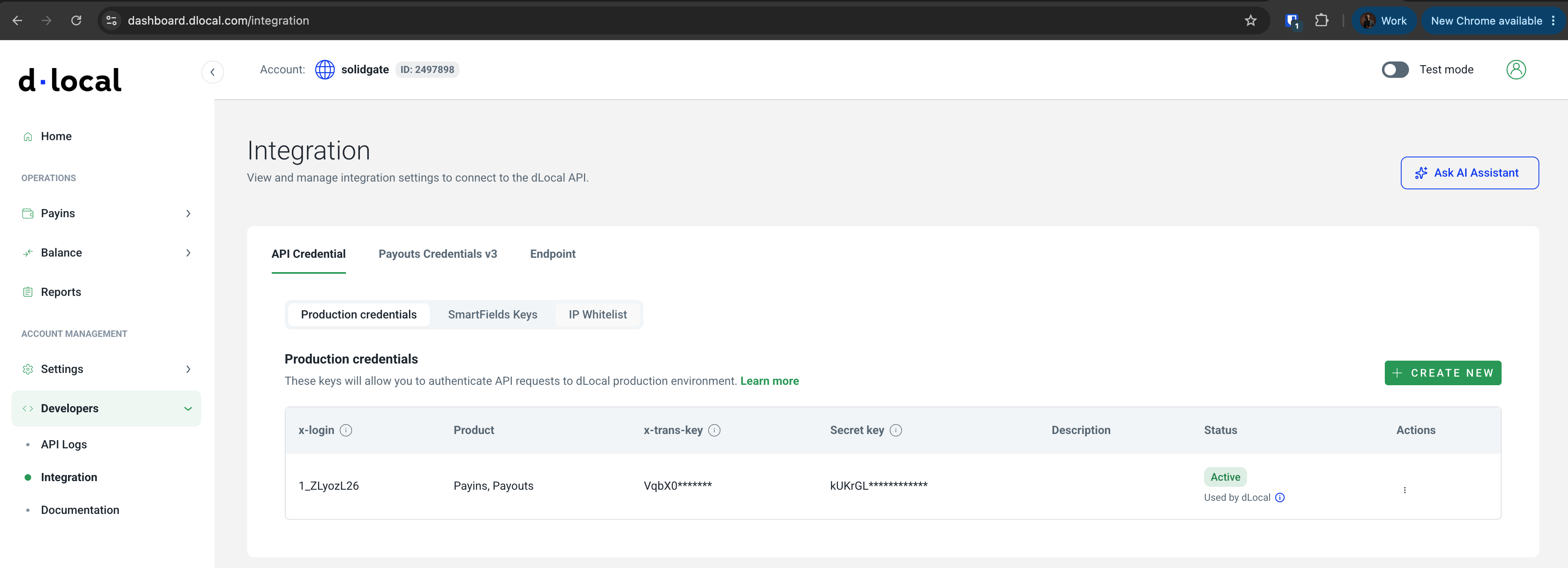 The integration page in the dLocal admin panel